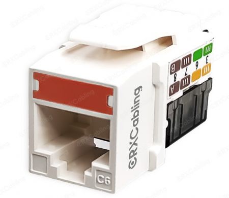 کیستون جک RJ45 Cat6 با زاویه 90 درجه و گیره کابل و صفحه رنگی. - کیستون جک با سبک گیره کابل 90 درجه Cat6 با صفحه رنگی.